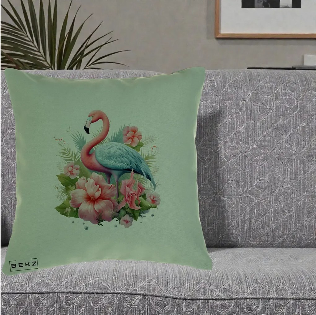 Perna Decorativa Flamingo cu Hibiscus Tropical, 40x40 cm, Verde, Husa Detasabila, Perna Inclusa, BEKZ®