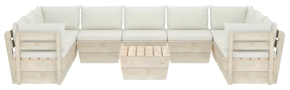 Set mobilier gradina din paleti, 10 piese, cu perne, lemn de molid Crem, 4x colt + 5x mijloc + masa, 1