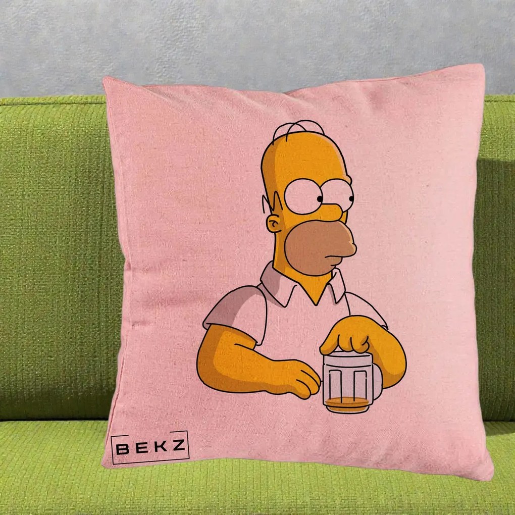 Perna Personalizata Homer Simpson cu Bere, 40x40 cm, Roz, Husa Detasabila, Perna Inclusa, BEKZ®