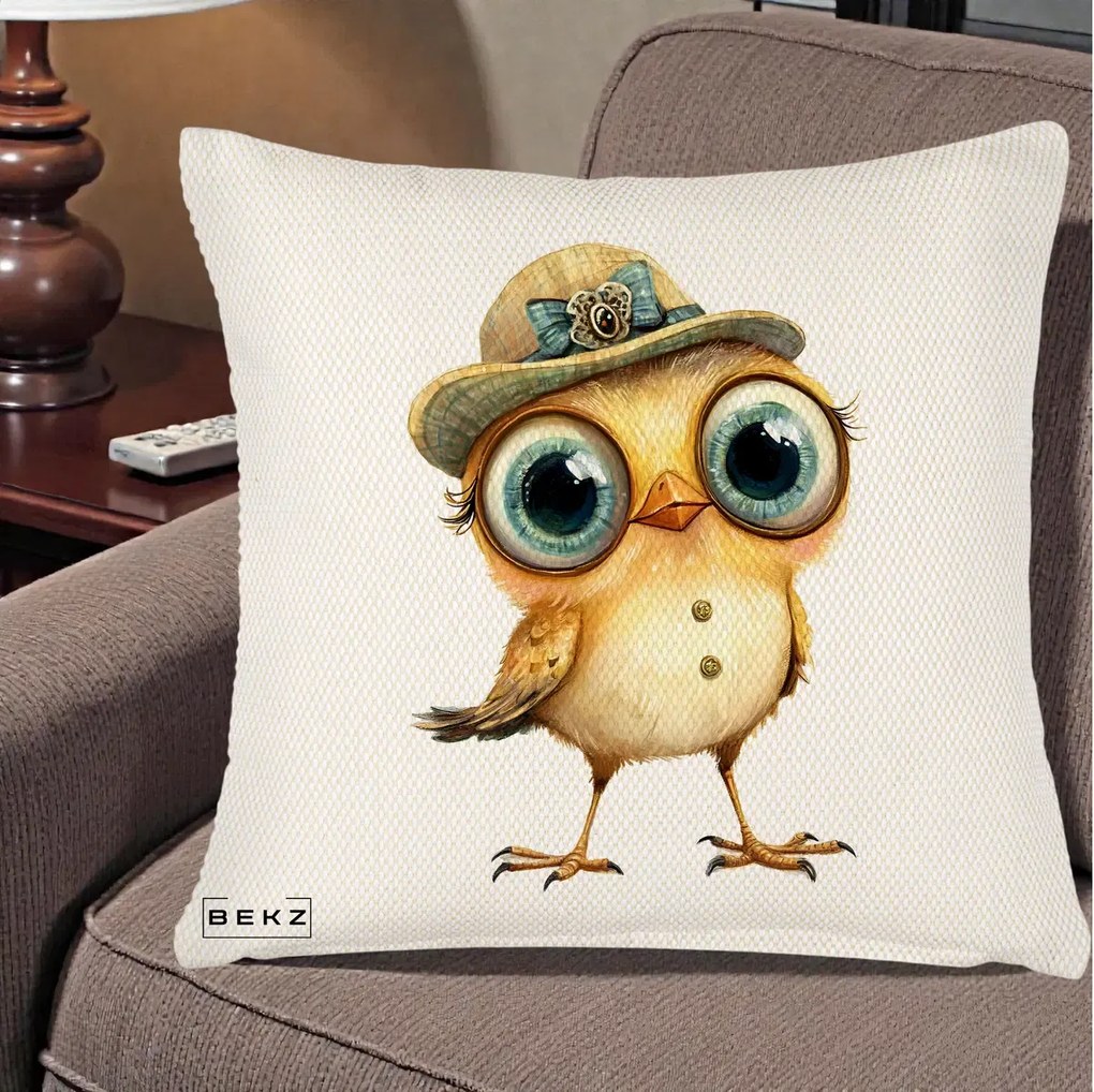 Perna Decorativa Pui Elegant cu Palarie Teal, 40x40 cm, Crem Reliefat, Husa Detasabila, Perna Inclusa, BEKZ®