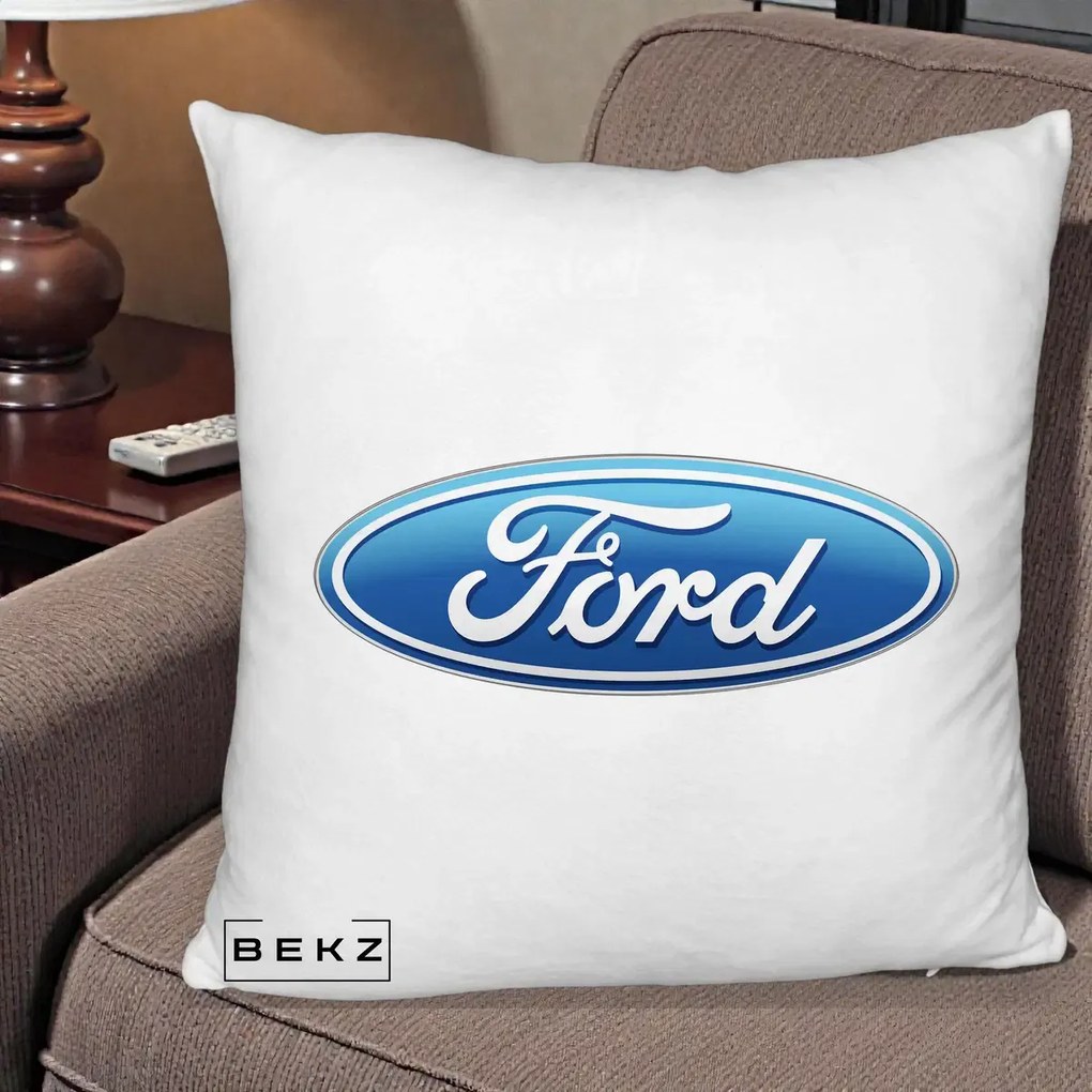 Perna Personalizata cu emblema Ford, 40x40 cm, Alb Pufos, Husa Detasabila, Perna Inclusa, BEKZ®