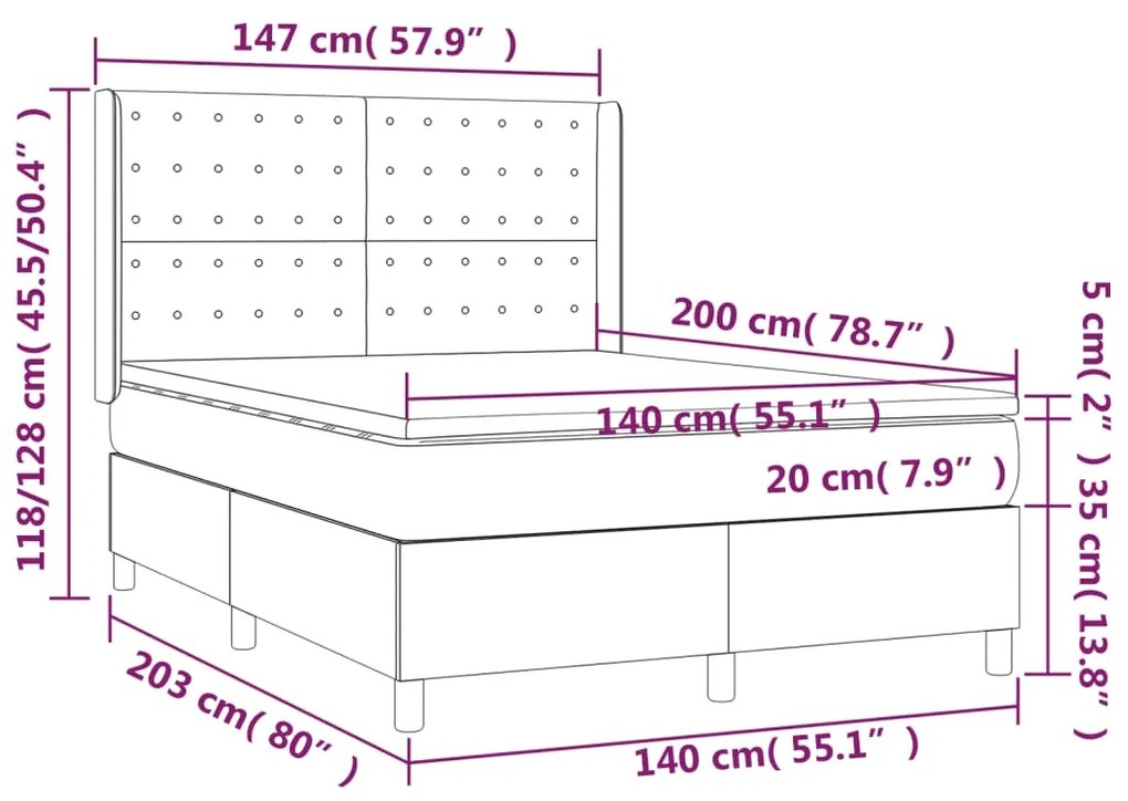 Pat box spring cu saltea, gri inchis, 140x200 cm, catifea Morke gra, 140 x 200 cm, Nasturi de tapiterie