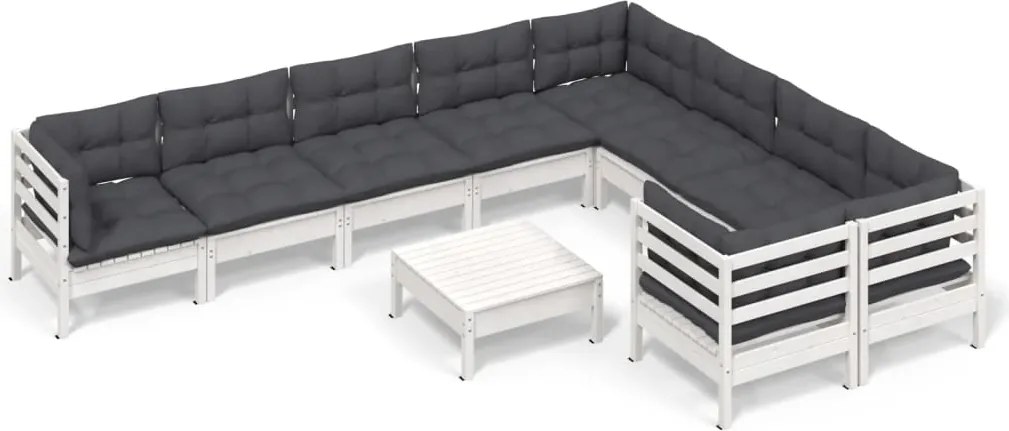 vidaXL Set mobilier grădină cu perne, 10 piese, alb, lemn de pin