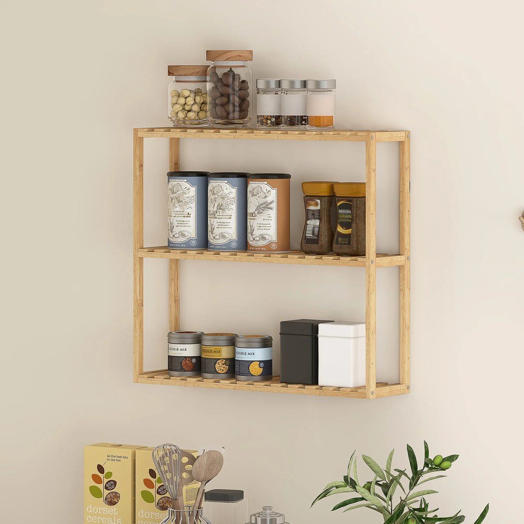 HOMCOM Etajeră din bambus ajustabilă, etajeră de baie cu 3 niveluri, 60 x 15 x 54 cm, efect de lemn natural | Aosom Romania
