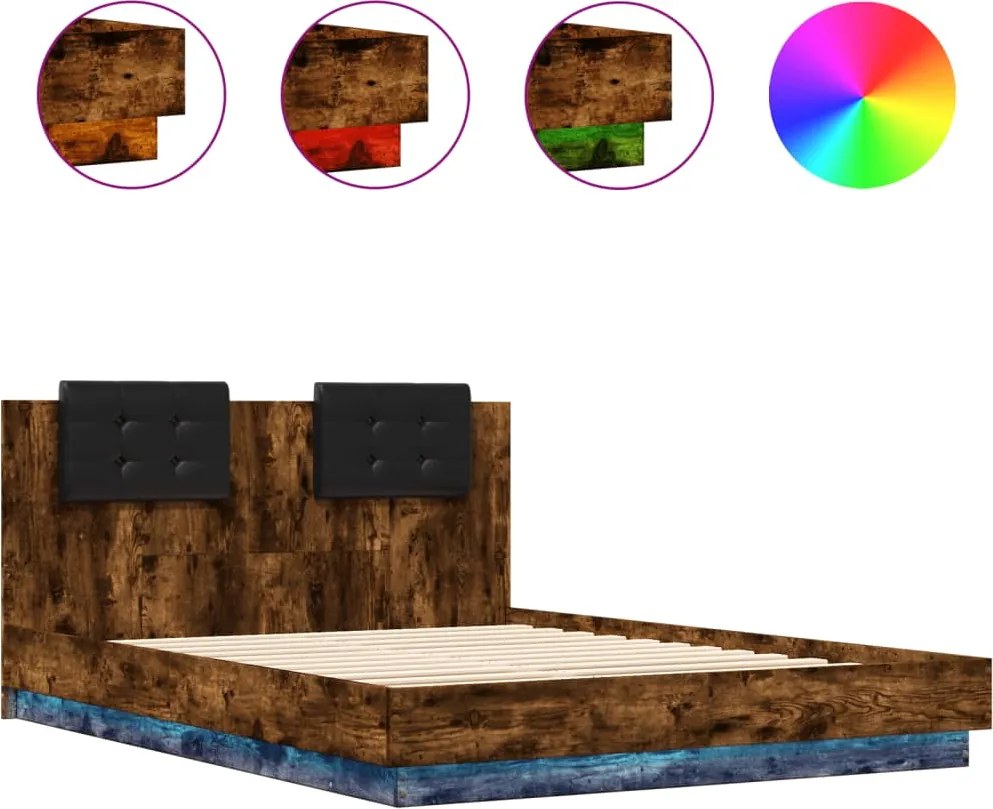 vidaXL Cadru de pat cu tăblie și lumini LED, stejar fumuriu, 150x200cm