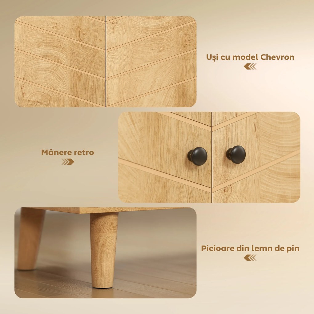 HOMCOM Dulap Vintage cu Uși Chevron Duble și Picioare din Lemn de Pin, Efect de Lemn Natural, Design Retro | Aosom Romania