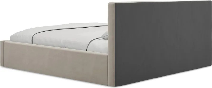 Pat matrimonial taupe tapițat din catifea cu spațiu de depozitare cu somieră 140x200 cm Hiko – Makamii