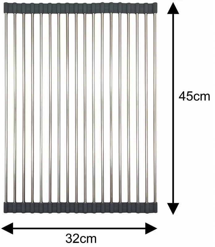 Uscator pentru vase pliabil Kinghoff KH 1903, 45x32 cm, Rezistent la coroziune, Margini din silicon, Antiderapant, Pliabil, Inox/gri