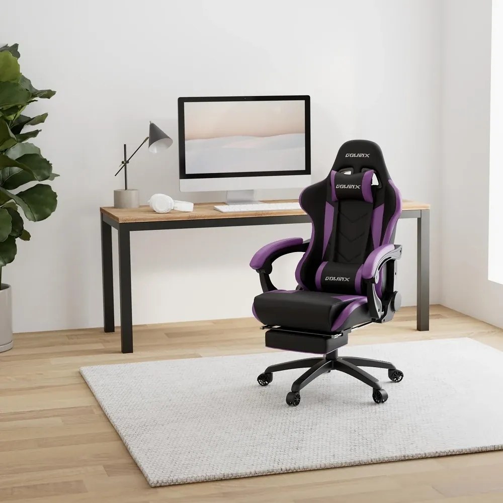 DOWINX Scaun gaming, ergonomic, suport lombar cu masaj, spătar rabatabil, tetieră, suport pentru picioare, rezistent 150 kg, piele PU, Negru/Violet