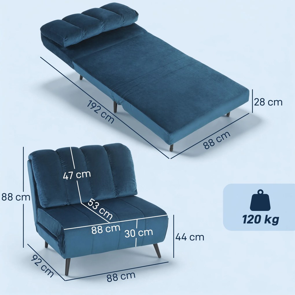 HOMCOM Fotoliu-Pat Pliabil Transformabil cu Spătar Reglabil, Albastru | Aosom Romania