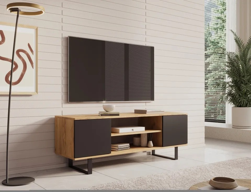 Comodă TV TV Lofter Herringbone cm – 135x40x49 cm – Oak Craft / Negru