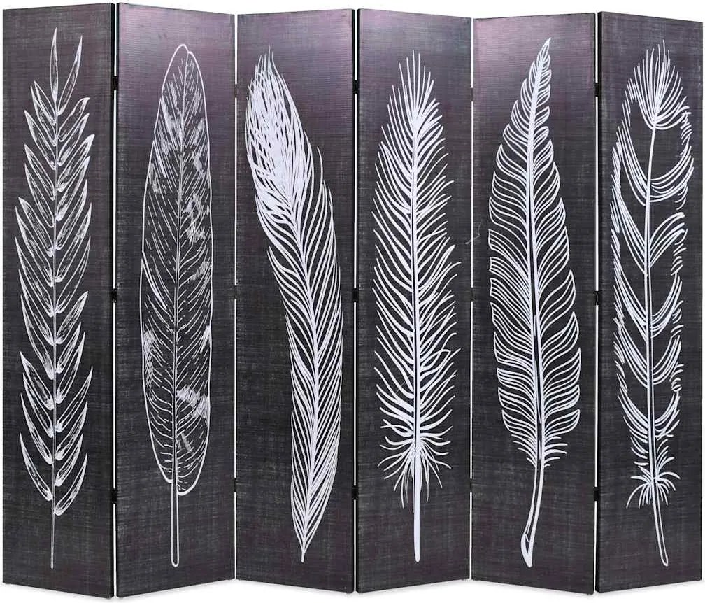 vidaXL Paravan cameră pliabil, negru&alb, 228 x 170 cm, imprimeu pene