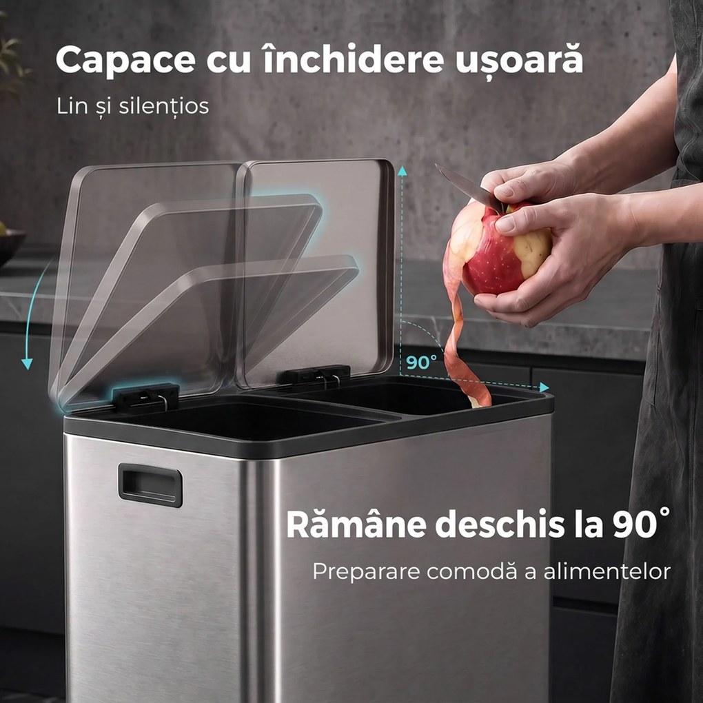 HOMCOM Coș de gunoi pentru bucătărie 2 x 30 L, cu pedală, din oțel inoxidabil, cu recipiente detașabile și închidere lentă, argintiu | Aosom Romania