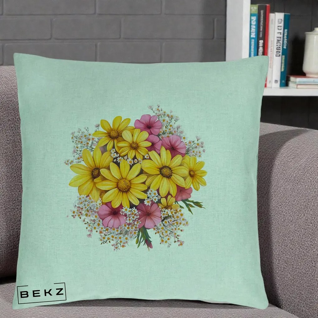 Perna Decorativa Floarea-Soarelui cu Cosmos Roz si Gypsophila, 40x40 cm, Verde Menta, Husa Detasabila, Perna Inclusa, BEKZ®