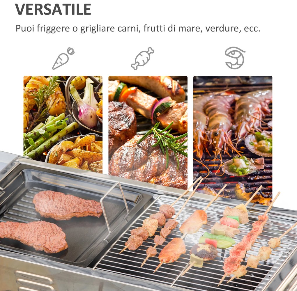 Outsunny Gratar cu Carbune din Otel cu Inaltime Reglabila, 2 Grile si Tabla, BBQ Portabil cu Rafturi Laterale, 120x31x60-70cm
