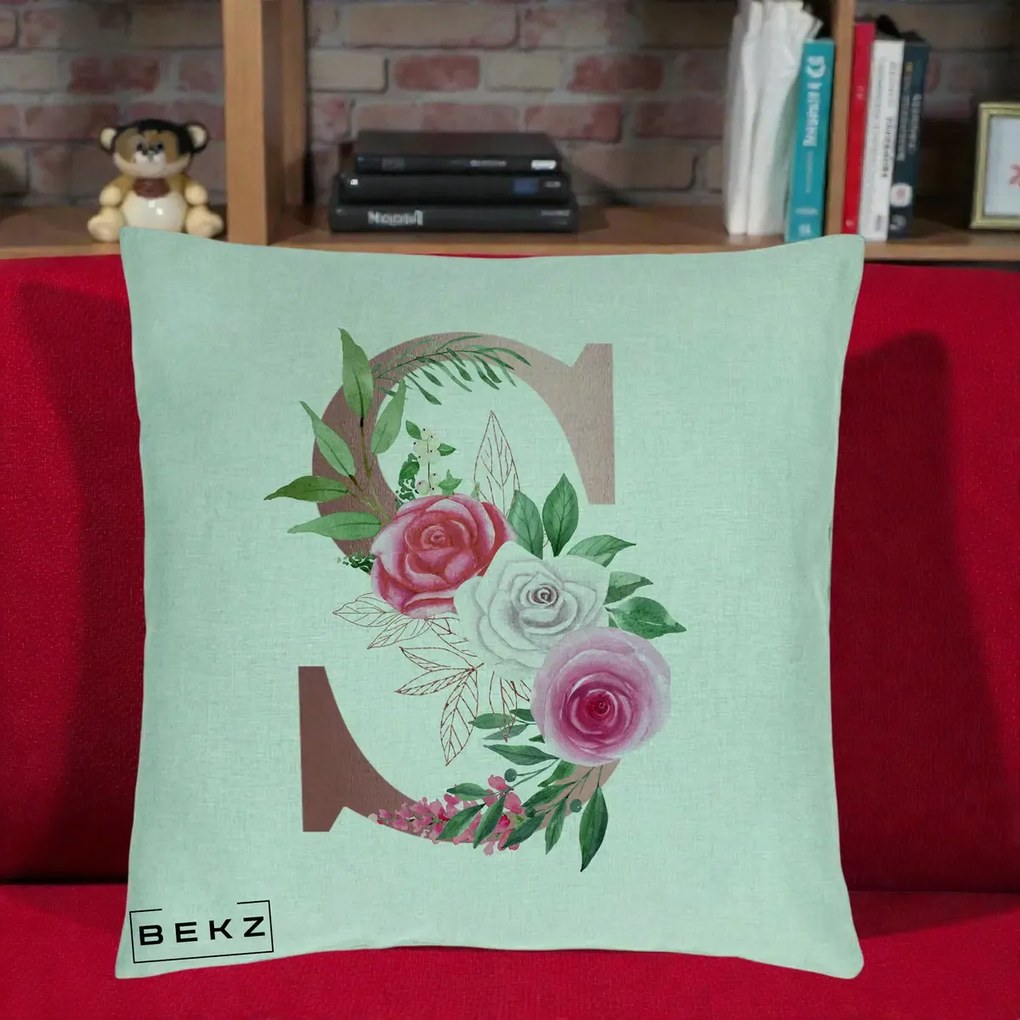 Cadou Personalizat - Perna Personalizata Monograma Rose Gold Litera S, 40x40 cm, Verde Menta, Husa Detasabila, Perna Inclusa, BEKZ®