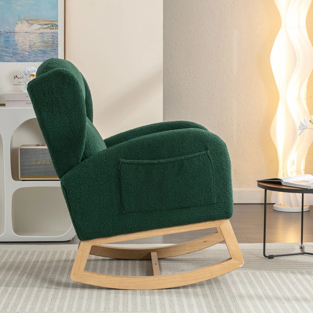 Scaun balansoar modern cu husă din material Teddy, fotoliu cu design ergonomic cu spătar înalt, pentru living și dormitor, 71x96,5x101 cm, Verde