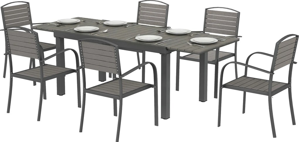 Outsunny Set mobilier grădină 7 piese Masă extensibilă cu 6 scaune Design lamele aspect lemn Cadru aluminiu | Aosom Romania