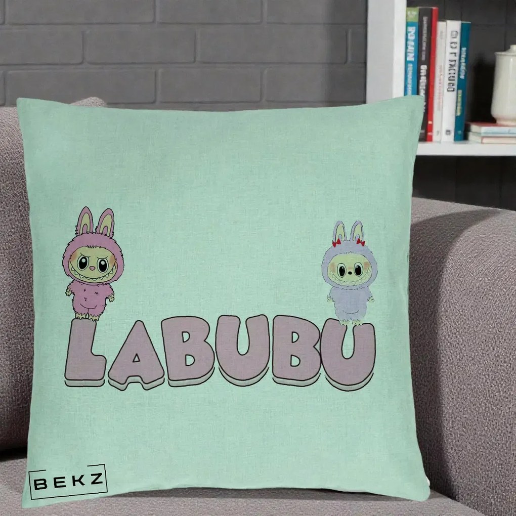 Perna Personalizata Labubu Duo Roz-Lila cu Text, 40x40 cm, Verde Menta, Husa Detasabila, Perna Inclusa, BEKZ®