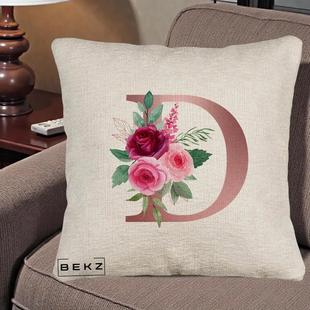 Cadou Personalizat - Perna Personalizata Monograma Rose Gold Litera D, 40x40 cm, Bej Canapea, Husa Detasabila, Perna Inclusa, BEKZ®