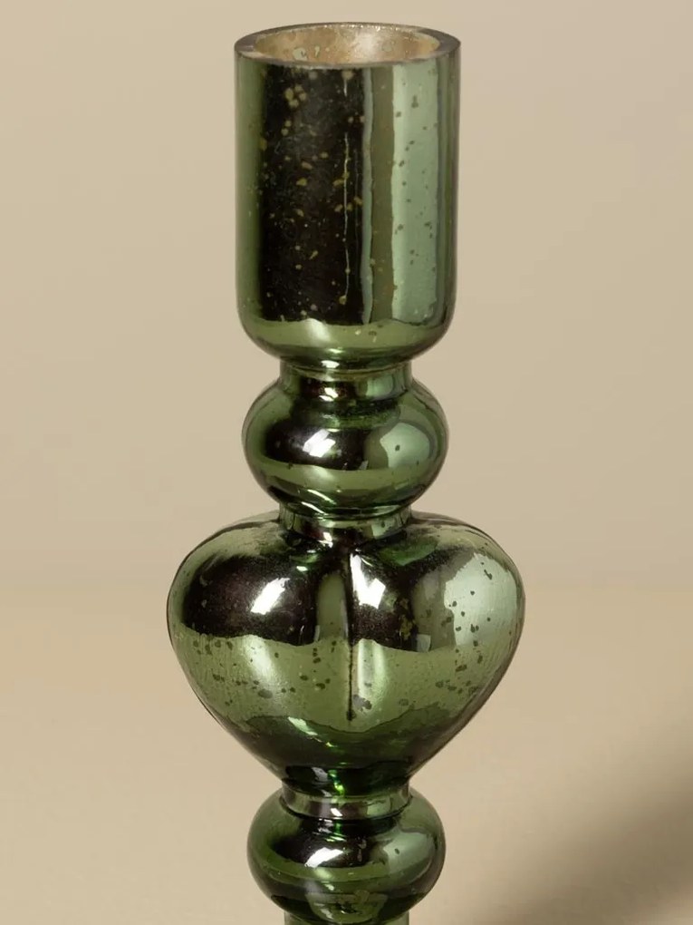 Sfeșnic din sticlă cu inimă sculptată, verde-maro, finisaj lucios, 17×8 cm, „Coeur Vert"