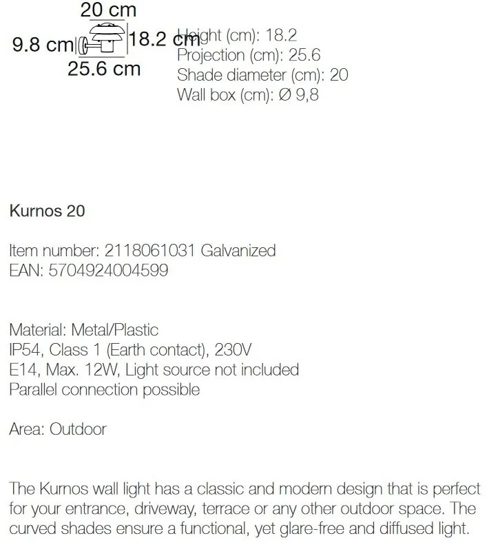 Aplica de perete pentru iluminat exterior modern, IP54 Kurnos 20 galvanizat 2118061031 NL