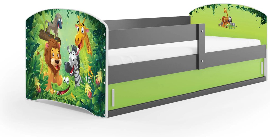 Pat pentru copii 80 x 160 cm Lukan (grafit + Motiv jungle) (cu somieră, saltea și sp. depozitare). Promo -30%. 1056453