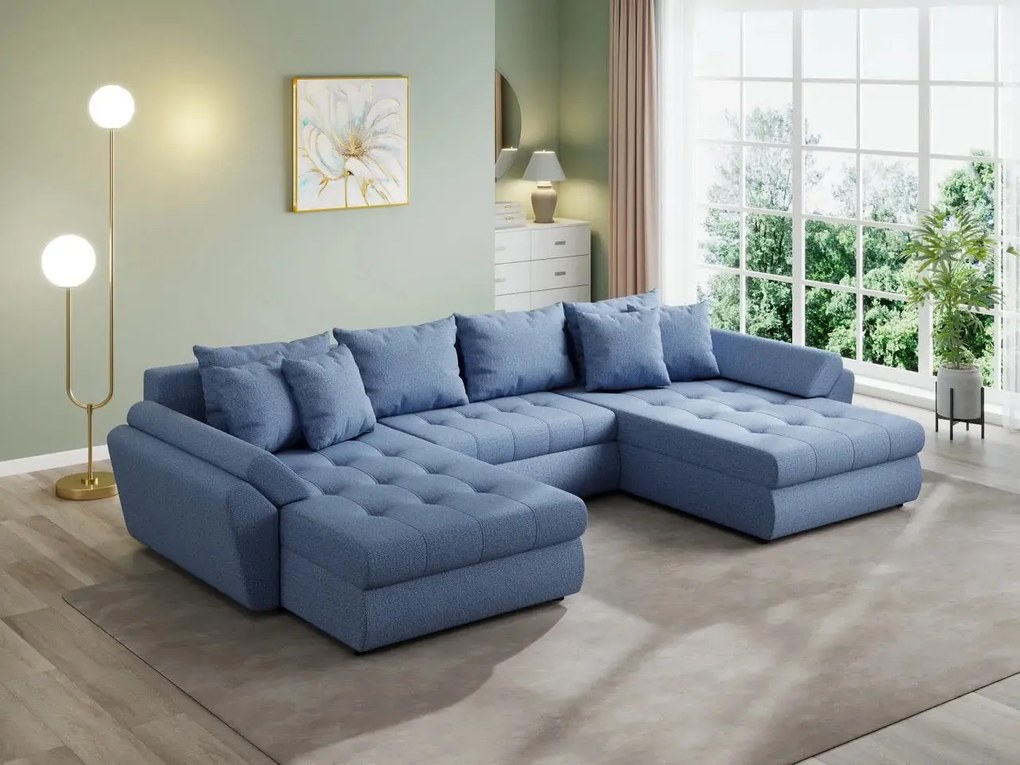 Colțar extensibil  dumonde cu ladă de depozitare si sezut confortabil din spuma high-density, Loana U Enjoy Blue 355x185 cm