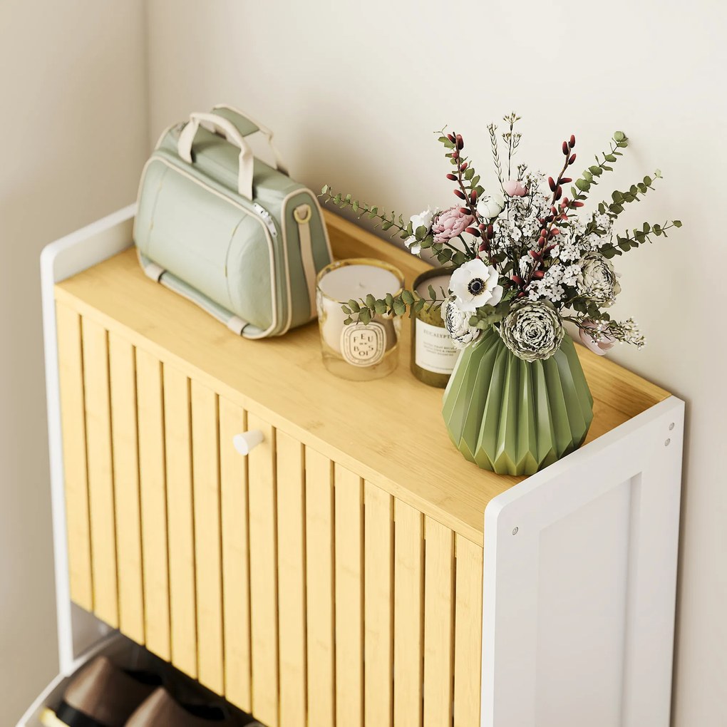 HOMCOM Pantofar Cu 2 Uși din Bambus Cu Lamele Rafturi Ajustabile pentru 12 Perechi de Pantofi Alb și Natural | Aosom Romania