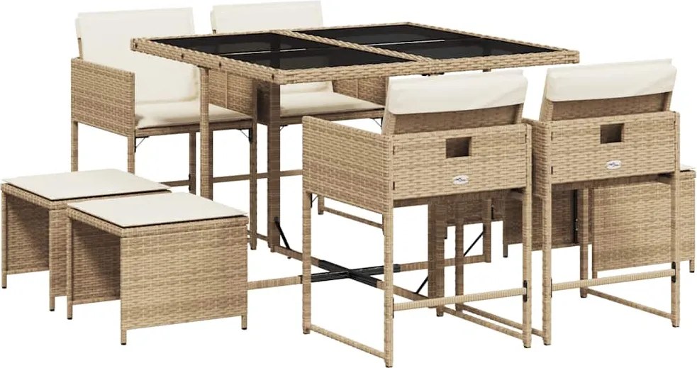 vidaXL Set de masă pentru grădină, 9 piese, cu perne, bej, poliratan