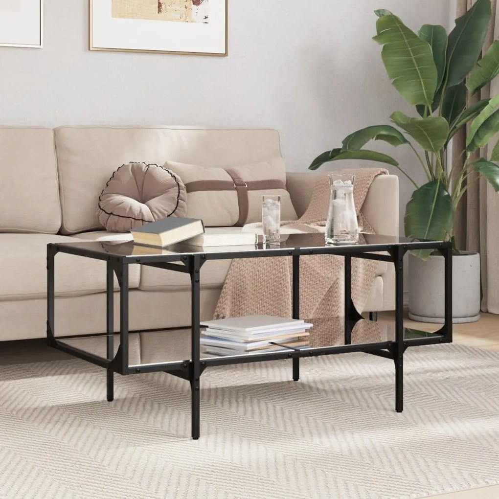vidaXL Măsuță de cafea cu blat din sticlă neagră 98,5x50x45 cm oțel