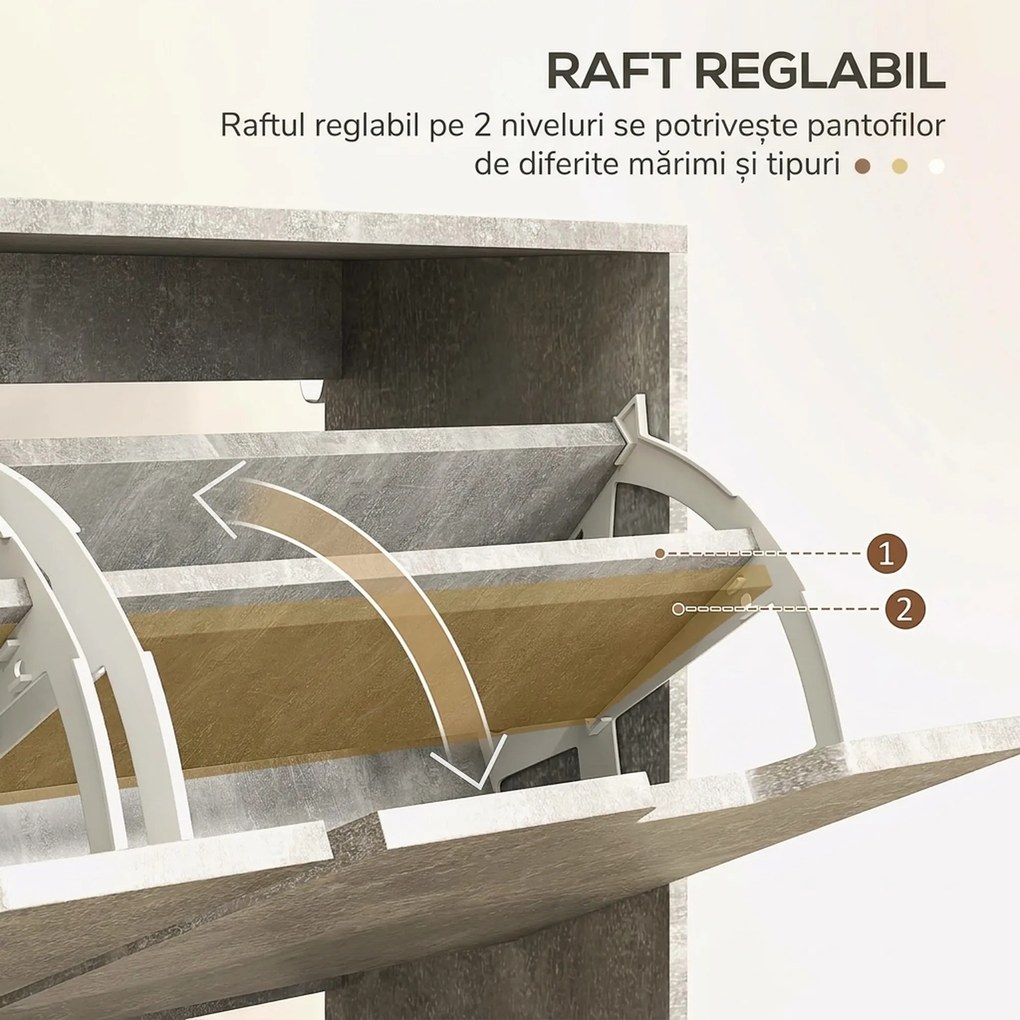 HOMCOM Pantofar cu 4 Sertare Rabatabile pe 2 Niveluri pentru 16 Perechi de Pantofi, 95x26x95 cm, Gri | Aosom Romania
