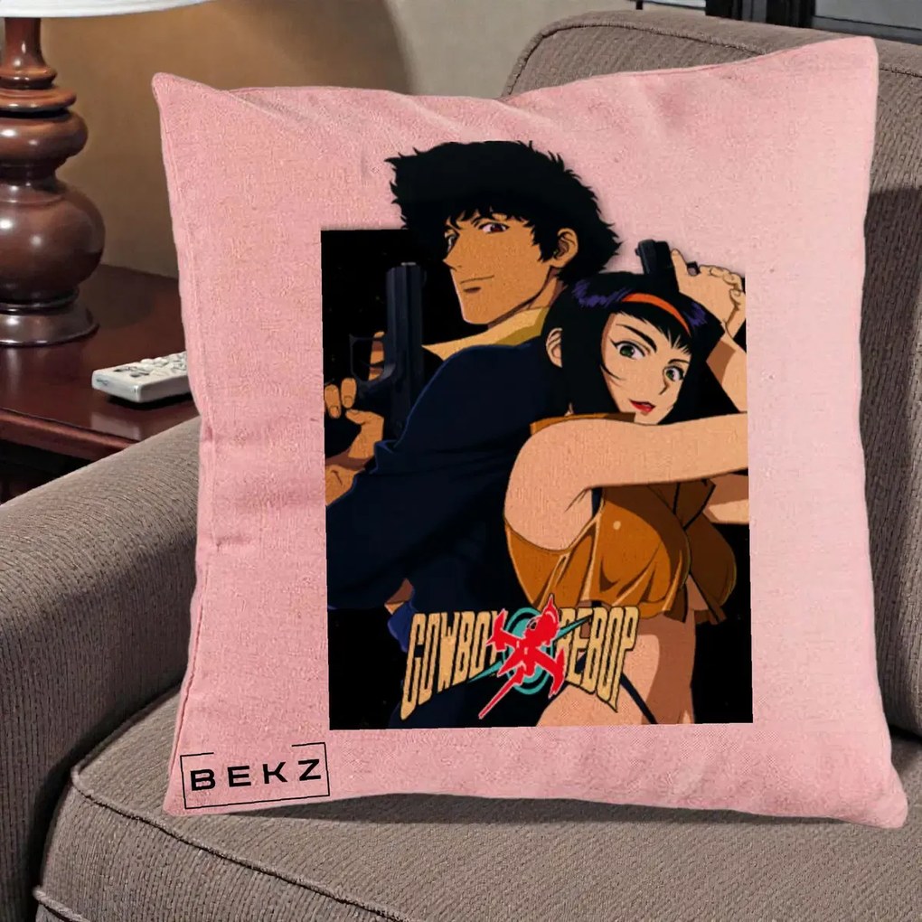 Perna Personalizata Cowboy Bebop Spike si Faye Poster, 40x40 cm, Roz, Husa Detasabila, Perna Inclusa, BEKZ®