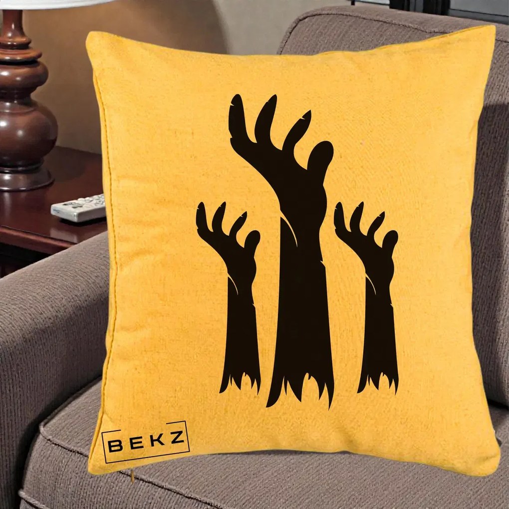 Perna Decorativa Halloween Maini Zombie Alb-Negru, 40x40 cm, Galben, Husa Detasabila, Perna Inclusa, BEKZ®