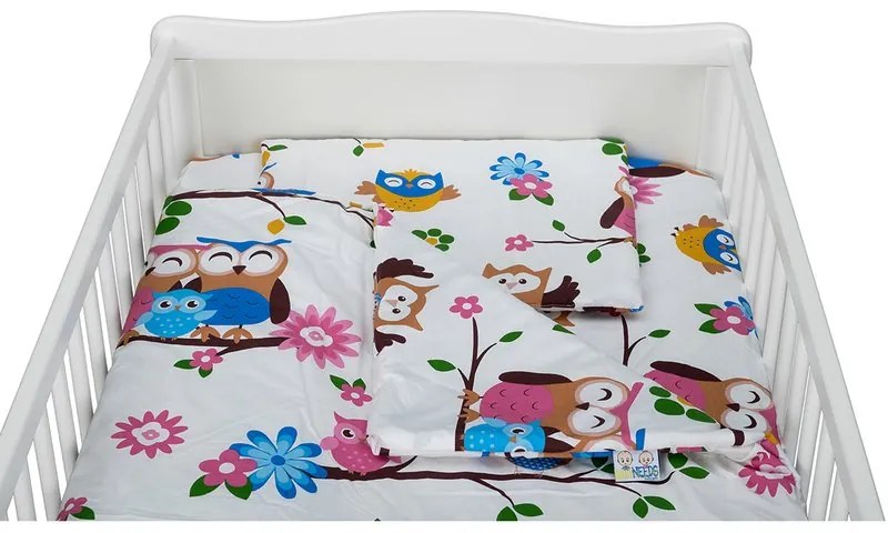 BabyNeeds - Lenjerie patut 3 piese, Cu pernuta, Plapumioara, Cearceaf, Din bumbac, Pentru patut 140x70 cm, Bufnitele vesele