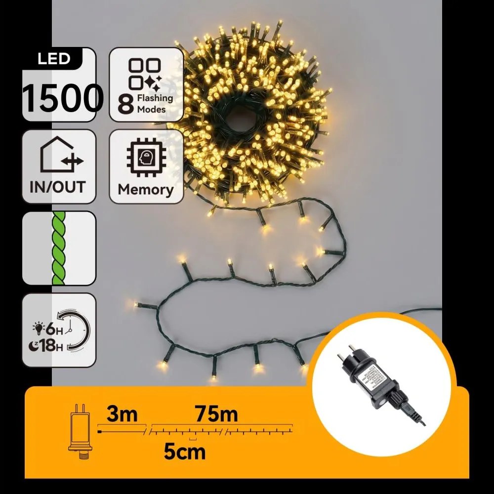 Aigostar - LED instalație luminoasă de Crăciun pentru exterior 1500xLED/8 funcții 78m IP44 alb cald