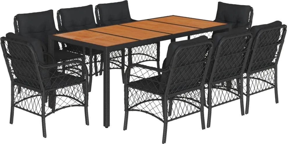 vidaXL Set mobilier de grădină cu perne, 9 piese, negru, poliratan