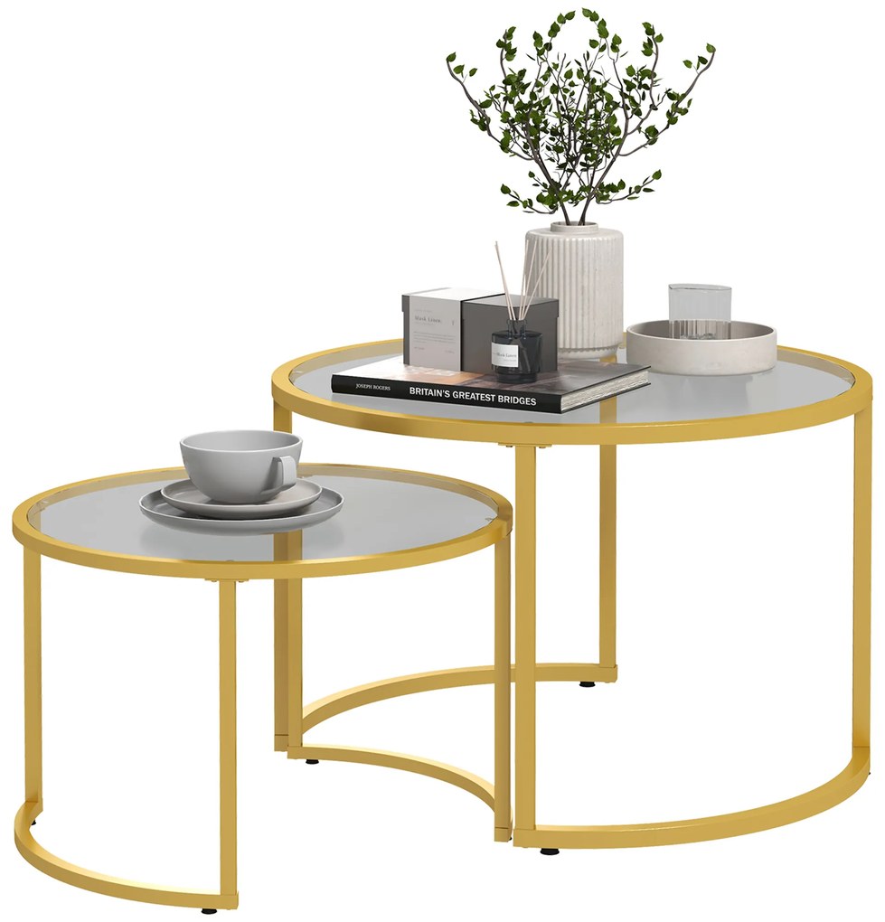 HOMCOM Set de 2 mese de cafea nesting rotunde blat sticlă securizată și picior din oțel carbon aur | Aosom Romania