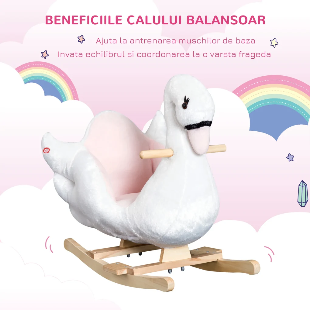 HOMCOM Căluț Balansoar Lebădă cu Melodii, Structură Rezistentă din Metal și Lemn, Tapiterie din Pluș Moale, 60x32x55cm, Alb | Aosom Romania