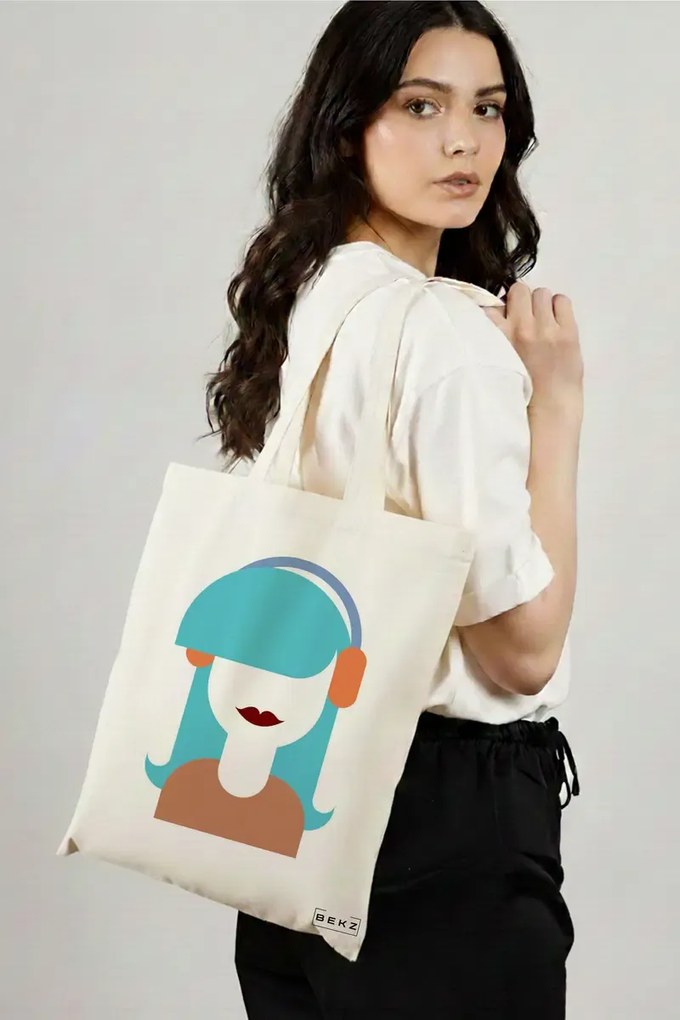Sacosa de Panza pentru Cumparaturi, Geanta Tote, model The Music Girl, 38x34.5 cm, Alba, BEKZ®