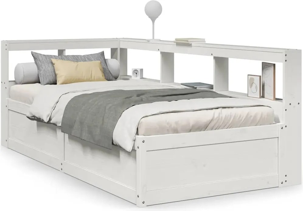 vidaXL Pat cu bibliotecă fără saltea, alb, 90x200 cm, lemn masiv pin