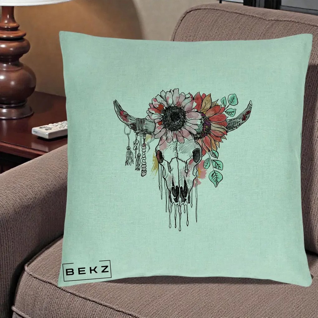 Perna Decorativa Craniu Boho Floral, 40x40 cm, Verde Menta, Husa Detasabila, Perna Inclusa, BEKZ®