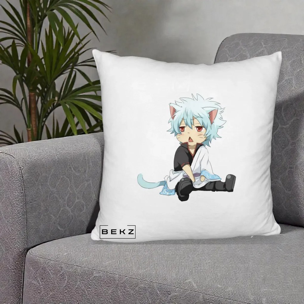 Perna Personalizata Gintama Gintoki Chibi Pisica, 40x40 cm, Alb Pufos, Husa Detasabila, Perna Inclusa, BEKZ®