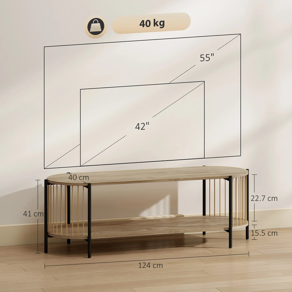 HOMCOM Suport TV Stil Bohemio pana la 55 Inch cu Design in Sfoara de Hartie si 2 Rafturi Deschise 124x43,5x41 cm Natural | Aosom Romania