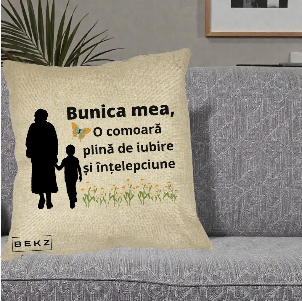 Cadou pentru Bunica - Perna Personalizata Bunica Mea Comoara cu Fluture si Baietel, 40x40 cm, Crem, Husa Detasabila, Perna Inclusa, BEKZ®
