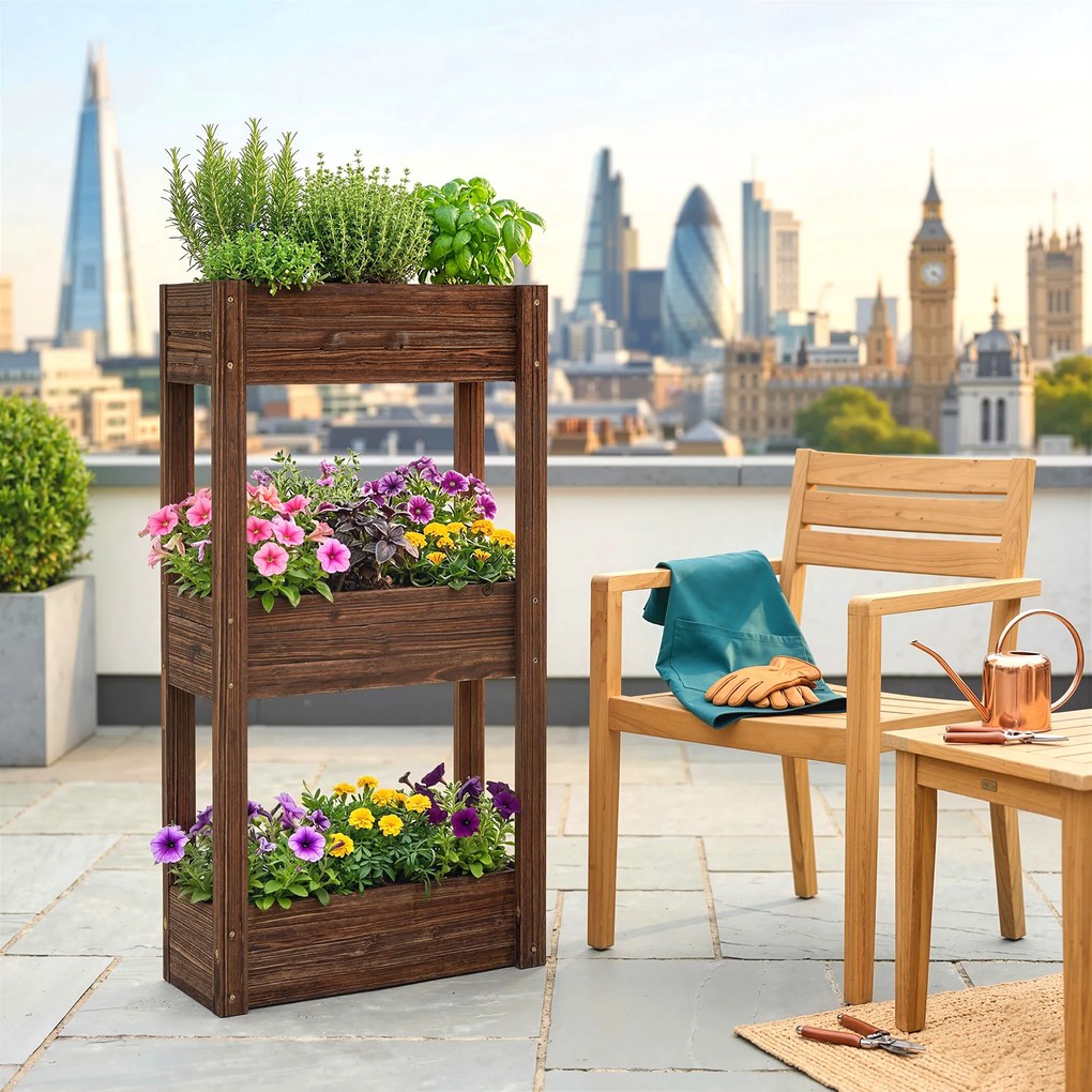 Outsunny Bac pentru plante ridicat jardinieră pe picioare 3 niveluri orificii de drenaj și căptușeală 60 x 25 x 120 cm, Maro | Aosom Romania