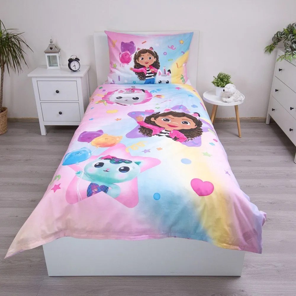 Lenjerie de pat pentru copii roz din bumbac pentru pat de o persoană 140x200 cm Gabby's Dollhouse "Rainbow" – Jerry Fabrics