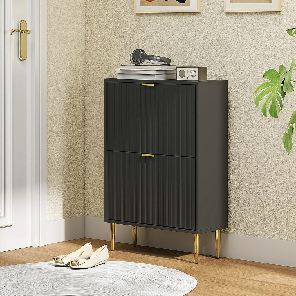 HOMCOM Dulap pentru pantofi 12 perechi cu 2 sertare rabatabile, uși canelate și rafturi reglabile, 60x24x91,5cm, negru | Aosom Romania