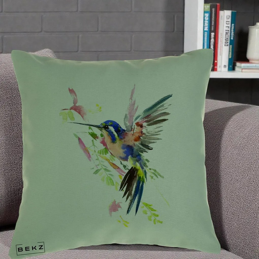 Perna Decorativa Colibri Acuarela, 40x40 cm, Verde, Husa Detasabila, Perna Inclusa, BEKZ®