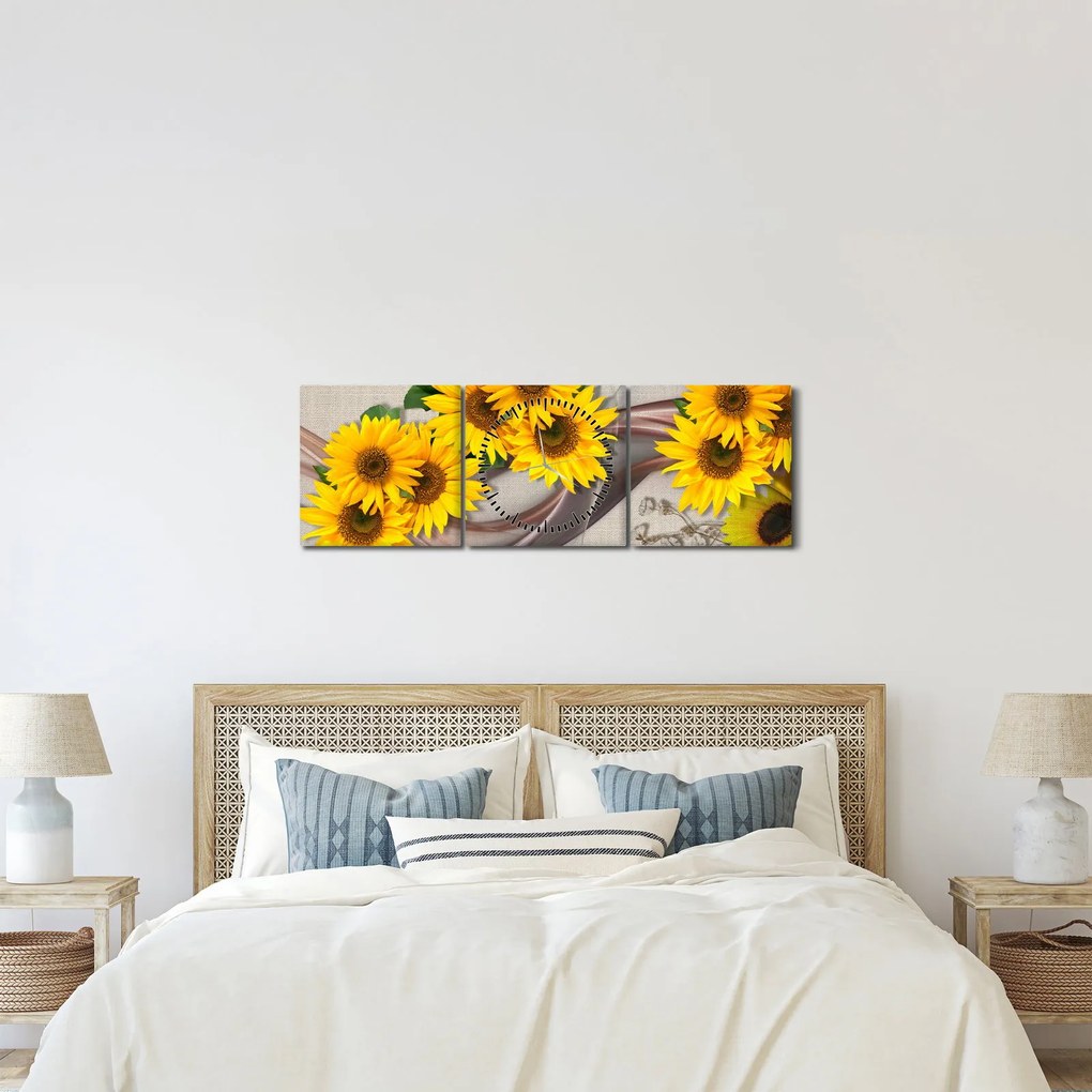 Tablou - Flori strălucitoare de floare soarelui (cu ceas) (90x30 cm)